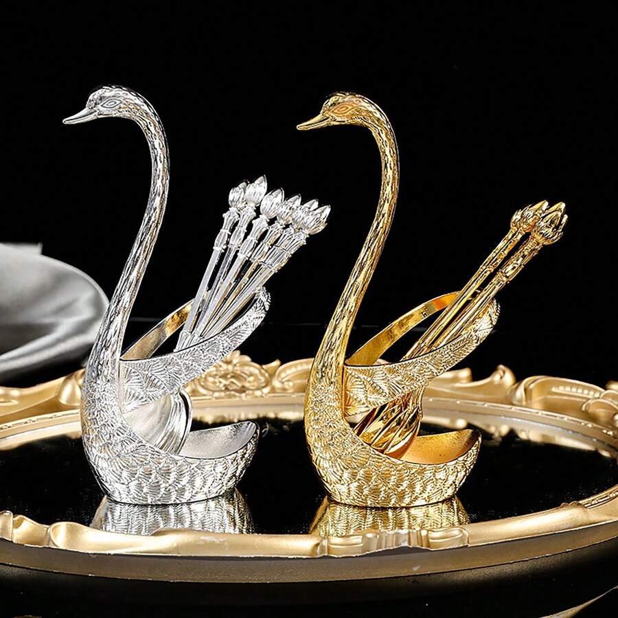 1set (7pcs) European Style Luxurious Swan-Shaped Spoon Holder, Western Restaurant Cutlery Storage, Home Kitchen Tableware Organizer, Can Hold Spoon, Fork, And Chopsticks, Kitchen, Christmas Gift,School Supplies