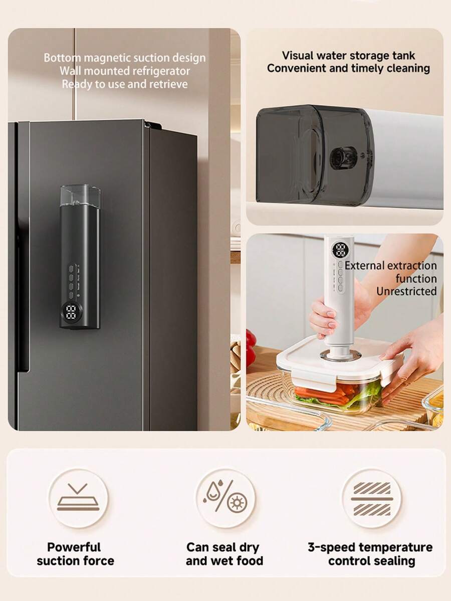 1pc 62KPa Wireless Vacuum Sealer, USB 1200mAh Rechargeable Automatic Airtight Food Vacuum Sealer With Magnetic Design, High Suction Vacuum Sealer - Easy Food Preservation, Extend Freshness - Wireless Design, Space-Saving, Convenient For Home Use