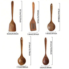 5pcs Wooden Cooking Utensil Set, Including Wok Spatula, Natural Wooden Kitchen Tools, Slotted Spoon, Ladle, Wooden Turner, Tableware Set, Wooden Spatula And Spoon