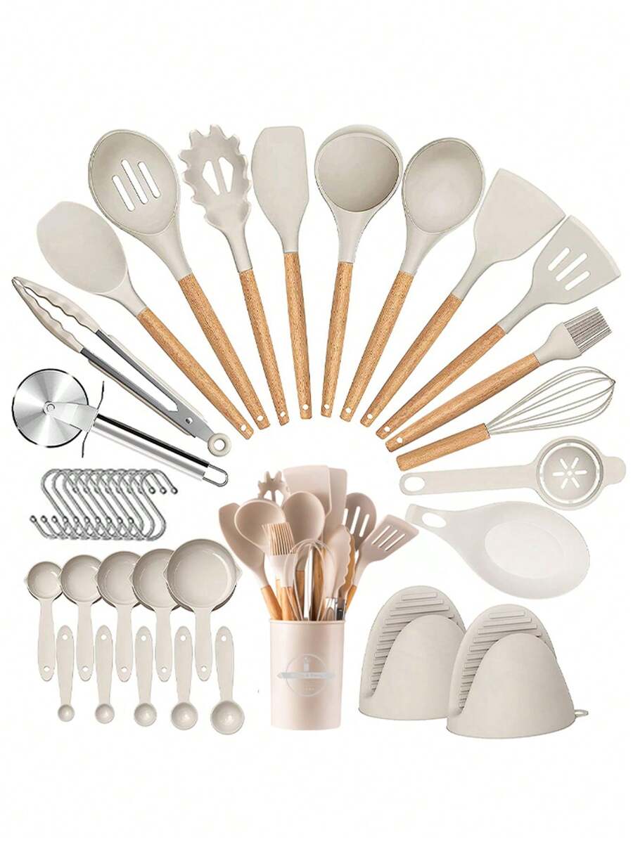 36pcs Silicone Kitchen Cooking Utensils, Heat-Resistant Cooking Utensils Set Of Wooden Handles, Non-Stick Kitchen Gadgets, Including Scraper Spoons, Pizza Knives, Kitchen Stuff Kitchen Accessories Home Kitchen Items