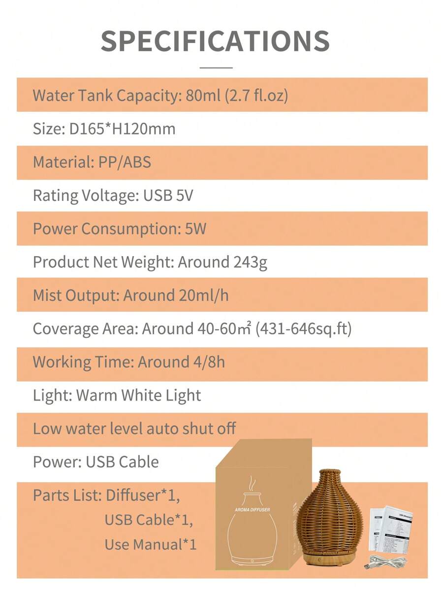 1pc USB 5V 80ml PP Rattan Craft Ultrasonic Aroma Diffuser Humidifier, Suitable For Small Rooms Aroma Diffusion And Humidification