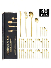 4/16/24/32/40pcs Portuguese Stainless Steel Knife Fork Spoon Steak Cutlery Set, Suitable For Kitchen, Restaurant, Hotel, Wedding, Party, Holiday Gift,School Supplies