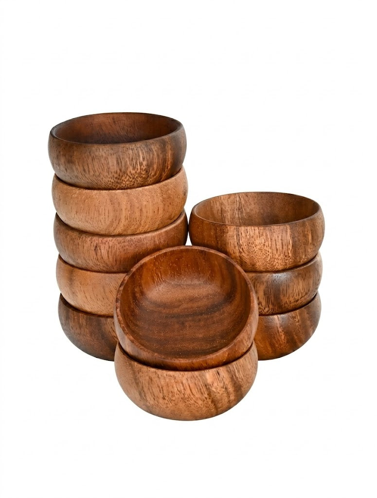 1/2/4/8pcs Handcrafted Gourd-Shaped Acacia Wood Bowls - Round Wooden Salad/Snack Bowls For Popcorn, Pasta, Candy, Cereal, Coconut Spread, Appetizers, Kitchen, Country Design Handmade Wooden Dishes, Dipping Sauce Plates 3.14in/4.92in/5.51in/6.3in