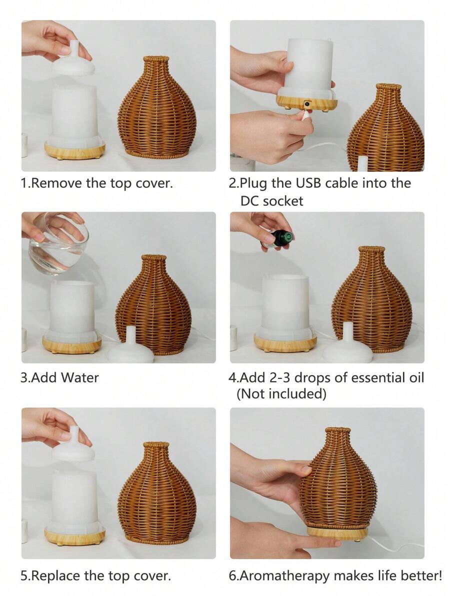 1pc USB 5V 80ml PP Rattan Craft Ultrasonic Aroma Diffuser Humidifier, Suitable For Small Rooms Aroma Diffusion And Humidification