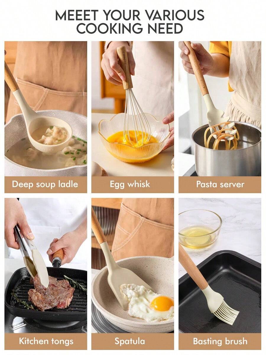 44pcs/Set Wooden Handle Silicone Kitchen Utensil Set, Heat Resistant Non-Stick Cookware, Suitable For Cooking And Baking, Ideal For Christmas
