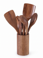 Cirelle 8pcs Wooden Cooking Utensil Set, Soup Spoon, Salad Fork, Long Rice Spoon, Slotted Spoon, Spatula, Utensil Holder, Kitchen Use, Rama Kitchen Essentials, Family Dining, Party Use, Housewarming Gift