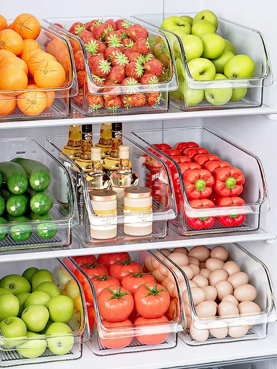 1pc/2sets Transparent Durable Storage Boxes, Stackable Large Capacity Storage Bins, Suitable For Refrigerator, Freezer, Cabinet, Pantry, Kitchen Storage Boxes And Cabinets, Kitchen Accessories, Refrigerator Organizer Boxes, Snack Boxes, Spice Jars, Valent
