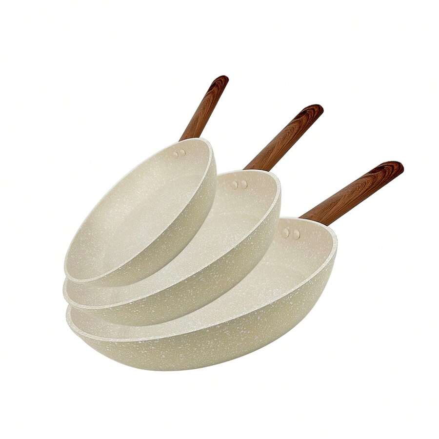 1pc/2pcs/3pcs Cookware Set, Thick Bottom Non-Stick Coating, Wooden Handle, Easy To Clean, Suitable For Various Stoves And Kitchen Cooking, Note The Size, Choose Set Or Single Pan