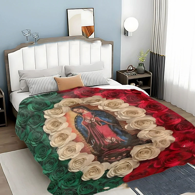 Virgin Mary & Roses Flannel Throw Blanket