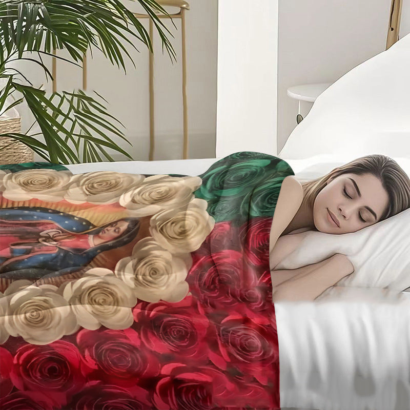 Virgin Mary & Roses Flannel Throw Blanket